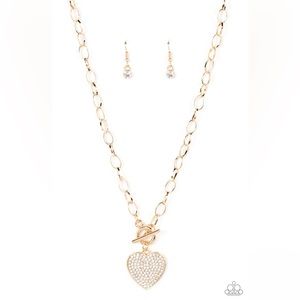 New gold heart necklace with white encrusted rhinestones toggle necklace